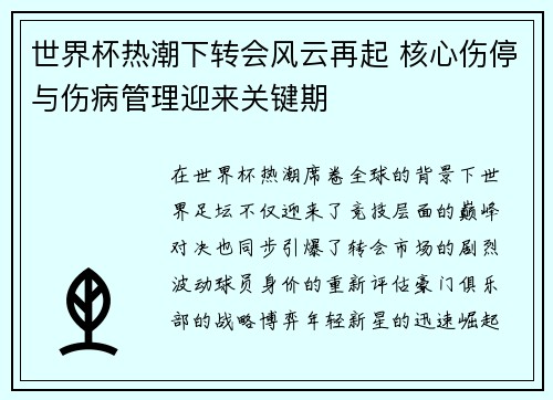 世界杯热潮下转会风云再起 核心伤停与伤病管理迎来关键期 世界杯热潮下转会风云再起 核心伤停与伤病管理迎来关键期