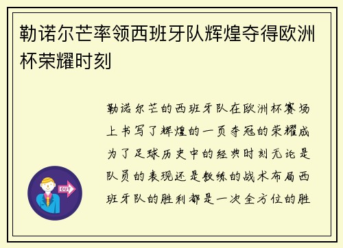 勒诺尔芒率领西班牙队辉煌夺得欧洲杯荣耀时刻
